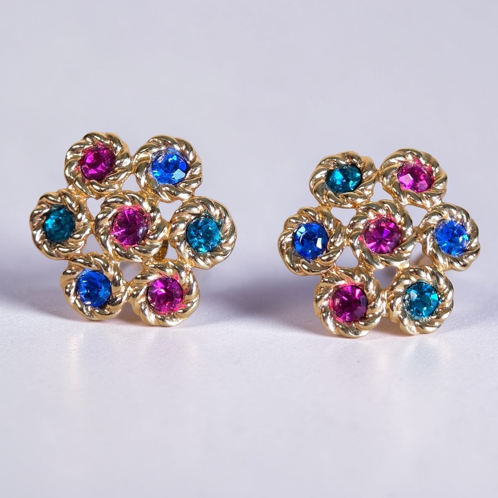 Swarovski Gold Tone Cluster Multi Color Pierced Earrings Crystal Signed Vintage